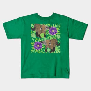 Coatimundi with Palm Leaves Philodendron Gloriosum Leaves and Purple Dahlias Kids T-Shirt